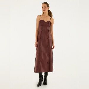 FARM RIO Burgundy 3d Flower Side Slit Leather Midi Dress